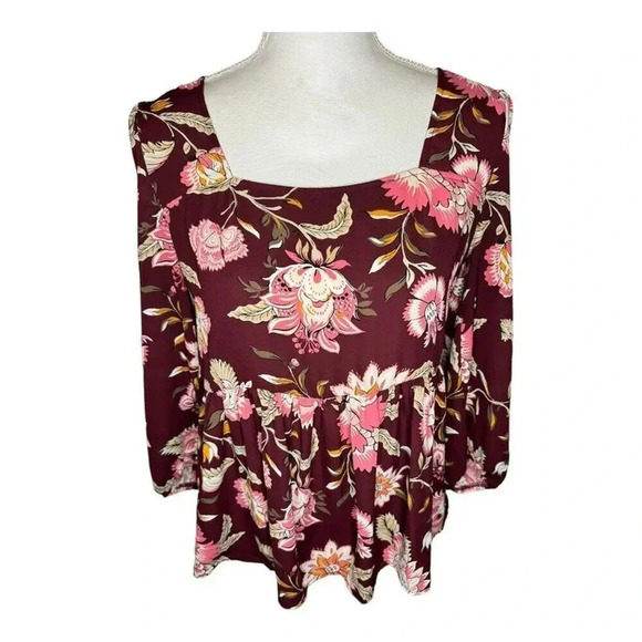 Loft Outlet Women's Floral Peplum Top Square Neck‎ 3/4 Sleeve Size S Multicolor - Picture 1 of 6